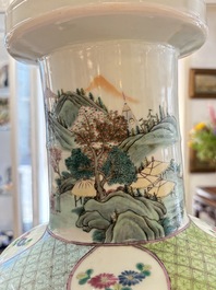 A fine Chinese famille rose 'Qi Guan Xun Mu 棄官尋母' rouleau vase, Qianlong mark, 19th C.