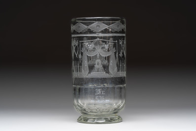 An engraved 'masonic' glass vase, freemasonry, 19/20th C.