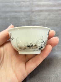 Five Chinese grisaille and iron-red-decorated cups and six saucers with fighting roosters, Yongzheng