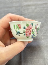 A set of six Chinese famille rose 'peacock' cups and saucers, Yongzheng
