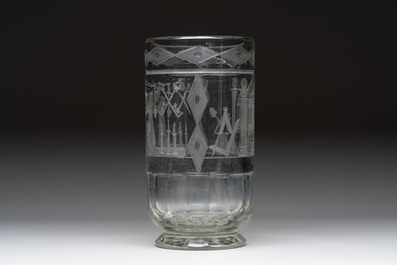An engraved 'masonic' glass vase, freemasonry, 19/20th C.