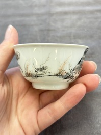 Five Chinese grisaille and iron-red-decorated cups and six saucers with fighting roosters, Yongzheng