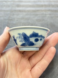 A set of six Chinese blue and white cups and saucers, Qing Yu Tang 青玉堂 and Lin Yu Tang 琳玉堂 marks, Kangxi