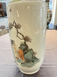 A fine Chinese famille rose 'Qi Guan Xun Mu 棄官尋母' rouleau vase, Qianlong mark, 19th C.