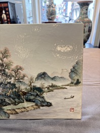 A pair of fine Chinese famille rose plaques with landscape design, signed Wang Yeting 汪野亭, 20th C.