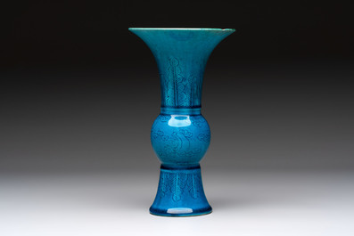 Four Chinese famille rose plates, a blue-glazed vase and a famille verte powder-blue-ground jar, Kangxi and Tongzhi marks, 19th C.