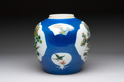 Four Chinese famille rose plates, a blue-glazed vase and a famille verte powder-blue-ground jar, Kangxi and Tongzhi marks, 19th C.