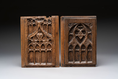 Two wooden Gothic panels, a bowl, board and a gaffel, 15th C. and later