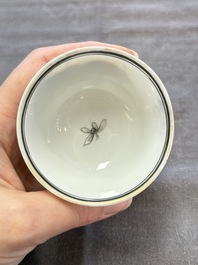 Five Chinese grisaille and iron-red-decorated cups and six saucers with fighting roosters, Yongzheng