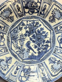 Three Chinese blue and white 'kraak' dishes with a bird and flowers, Wanli
