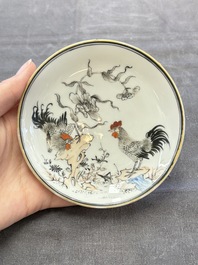 Five Chinese grisaille and iron-red-decorated cups and six saucers with fighting roosters, Yongzheng