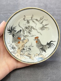 Five Chinese grisaille and iron-red-decorated cups and six saucers with fighting roosters, Yongzheng