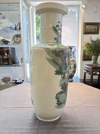 A fine Chinese famille rose 'Qi Guan Xun Mu 棄官尋母' rouleau vase, Qianlong mark, 19th C.