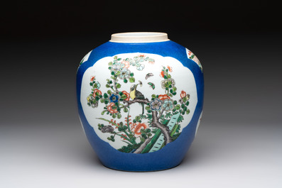 Four Chinese famille rose plates, a blue-glazed vase and a famille verte powder-blue-ground jar, Kangxi and Tongzhi marks, 19th C.