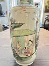 A fine Chinese famille rose 'Qi Guan Xun Mu 棄官尋母' rouleau vase, Qianlong mark, 19th C.