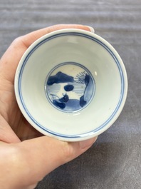 A set of six Chinese blue and white cups and saucers, Qing Yu Tang 青玉堂 and Lin Yu Tang 琳玉堂 marks, Kangxi