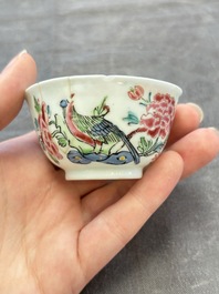 A set of six Chinese famille rose 'peacock' cups and saucers, Yongzheng