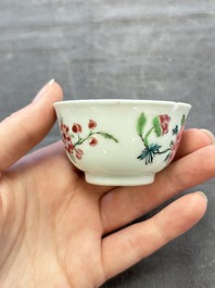 A set of six Chinese famille rose 'peacock' cups and saucers, Yongzheng