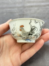 Five Chinese grisaille and iron-red-decorated cups and six saucers with fighting roosters, Yongzheng