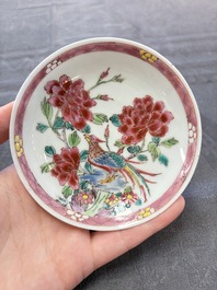 A set of six Chinese famille rose 'peacock' cups and saucers, Yongzheng