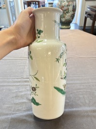 A pair of Chinese famille verte 'quails in blossoming landscape' rouleau vases, 19th C.