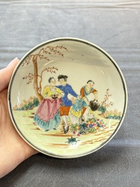 A pair of Chinese famille rose 'European subject' cups and saucers, Qianlong