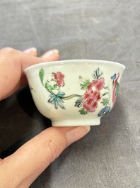A set of six Chinese famille rose 'peacock' cups and saucers, Yongzheng
