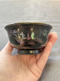 A Chinese silver-lined laque burgaut&eacute; bowl with figural design, Kangxi