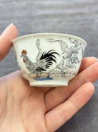 Five Chinese grisaille and iron-red-decorated cups and six saucers with fighting roosters, Yongzheng