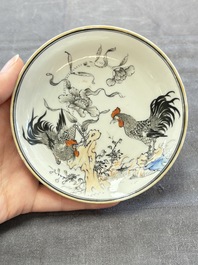 Five Chinese grisaille and iron-red-decorated cups and six saucers with fighting roosters, Yongzheng