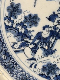 A large blue and white Dutch Delft chinoiserie dish, late 17th C.