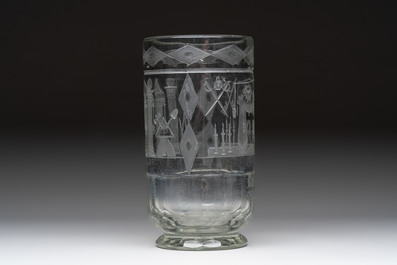 An engraved 'masonic' glass vase, freemasonry, 19/20th C.