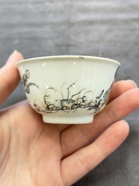 Five Chinese grisaille and iron-red-decorated cups and six saucers with fighting roosters, Yongzheng