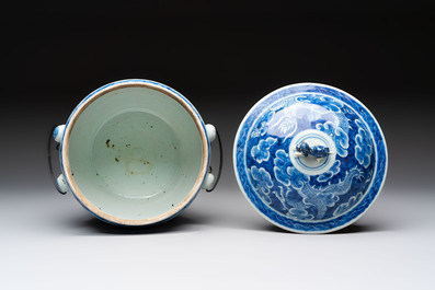 A Chinese blue and white and a famille rose 'kamcheng' bowl and cover for the Straits or Peranakan market, 19th C.