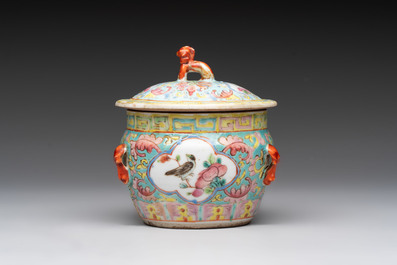 A Chinese blue and white and a famille rose 'kamcheng' bowl and cover for the Straits or Peranakan market, 19th C.