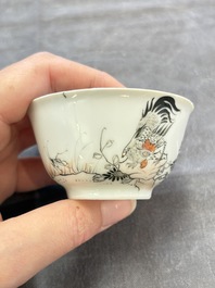 Five Chinese grisaille and iron-red-decorated cups and six saucers with fighting roosters, Yongzheng