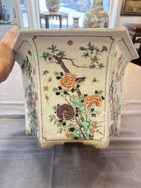 A rare Chinese famille verte hexagonal jardini&egrave;re with birds among flowering branches, double Fu mark, Kangxi