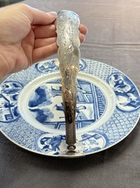 A Chinese blue and white 'Xi Xiang Ji' dish with silver mount, Kangxi mark and of the period
