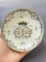 Four Chinese grisaille and gilt-decorated monogrammed cups and saucers, Qianlong, dated 1778