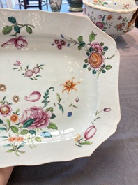 A Chinese famille rose 'mascarons' tureen and cover on stand with floral design, Qianlong
