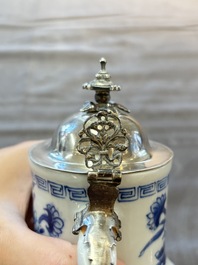 A Chinese blue and white 'Long Eliza' jug with a silver-mounted lid, Kangxi