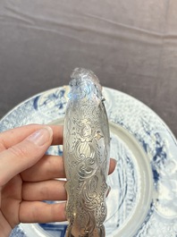 A Chinese blue and white 'Xi Xiang Ji' dish with silver mount, Kangxi mark and of the period