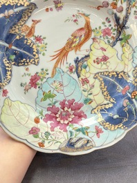 A pair of Chinese famille rose 'tobacco leaf' plates and a saucer, Qianlong