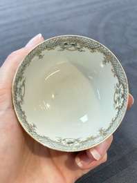 Four Chinese grisaille and gilt-decorated monogrammed cups and saucers, Qianlong, dated 1778