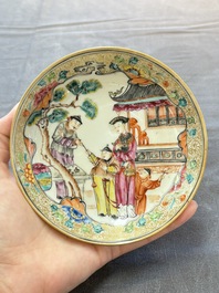 A Chinese Canton famille rose gilt-decorated covered cup and saucer, Qianlong
