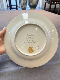 A Chinese armorial plate with the arms of Chadwick quartering Malvesyn, Carden and Bagot, Qianlong, dated 24 Jan. 1791