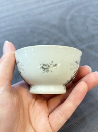 Four Chinese grisaille and gilt-decorated monogrammed cups and saucers, Qianlong, dated 1778