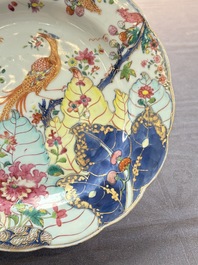 A pair of Chinese famille rose 'tobacco leaf' plates and a saucer, Qianlong