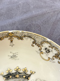 Four Chinese grisaille and gilt-decorated monogrammed cups and saucers, Qianlong, dated 1778