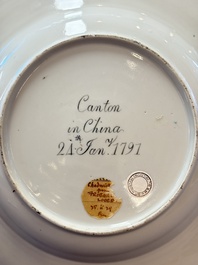 A Chinese armorial plate with the arms of Chadwick quartering Malvesyn, Carden and Bagot, Qianlong, dated 24 Jan. 1791